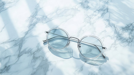 A pair of stylish round sunglasses rests on a serene marble surface, capturing a contemporary aesthetic with reflective light and soft blue tones. Perfect for fashion enthusiasts.の素材