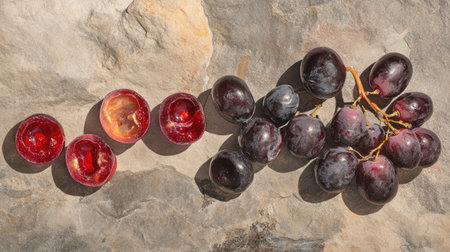 A beautiful arrangement of fresh plums on a stone surface, highlighting their vibrant colors and natural textures, perfect for food-related themes and healthy eating.の素材