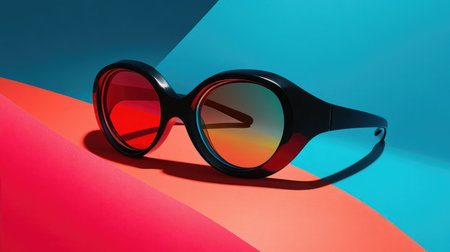 A pair of stylish retro sunglasses rests on a vibrant colorful background, showcasing a unique design. Perfect for fashion lovers looking to make a statement.の素材