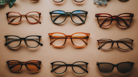 A curated collection of stylish eyeglasses displayed creatively. This flatlay image showcases a variety of frames in different colors and designs, perfect for fashion and accessory themes.の素材