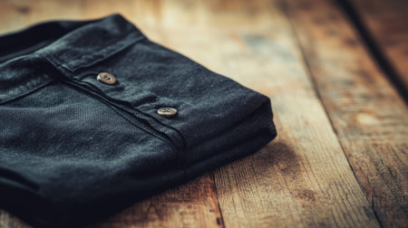 A folded dark denim jean with buttons resting on a rustic wooden table. This image captures the essence of casual fashion and cozy style.の素材