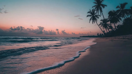 A serene beach scene at dusk showcasing gentle waves lapping at the sandy shore. Silhouetted palm trees frame the vibrant sunset and tranquil sky.の素材