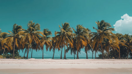 Beautiful tropical palm trees line a serene beach, offering a picturesque view of the ocean under a clear blue sky, perfect for relaxation and escape.の素材