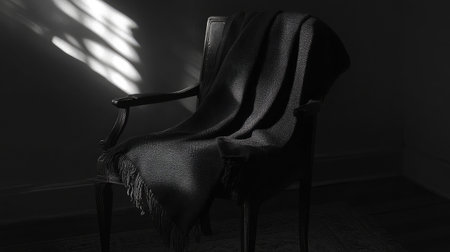 A solitary chair draped with a soft blanket captures the essence of calm and tranquility, illuminated by gentle sunlight and deep shadows.の素材