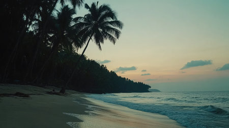A tranquil beach scene at sunset featuring palm trees, gentle ocean waves, and a serene atmosphere, perfect for relaxation and travel inspiration.の素材