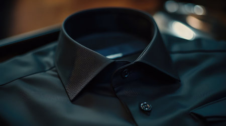 A stunning black shirt featuring a sharp collar design, perfect for both formal and casual occasions. Ideal for fashion, business, and lifestyle photography.の素材