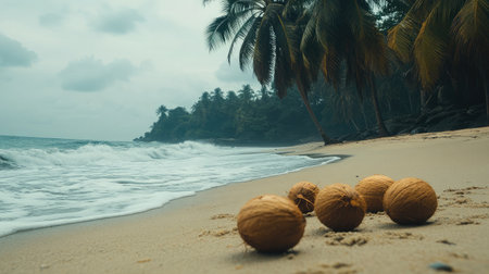 A serene beach scene featuring coconuts scattered on sandy shores, framed by lush palm trees and gentle ocean waves under a cloudy sky. Ideal for tropical-themed projects.の素材