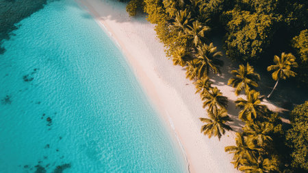 Stunning aerial view of a tranquil tropical beach featuring crystal clear turquoise water, soft sand, and swaying palm trees. Ideal for travel themes.の素材