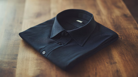 A neatly folded black shirt rests on a wooden surface, showcasing its modern design and texture. Ideal for fashion, retail, and lifestyle themes.の素材