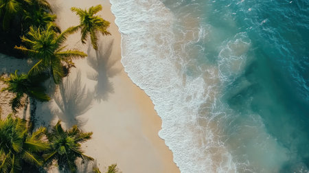 Aerial view of a tranquil tropical beach with clear blue water and lush palm trees. Perfect for capturing the essence of relaxation and nature.の素材