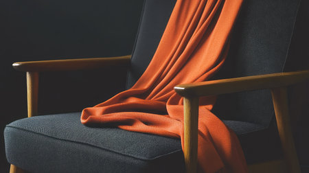 A cozy chair elegantly draped with a warm orange blanket, creating a relaxing atmosphere. Perfect for enhancing modern interior and cozy living spaces.の素材