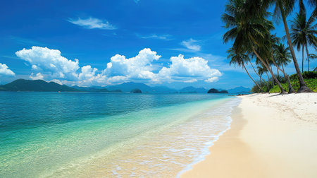 A stunning tropical beach scene featuring crystal-clear water, pristine sand, and vibrant palm trees under a bright blue sky with fluffy white clouds. Perfect for travel and vacation themes.の素材