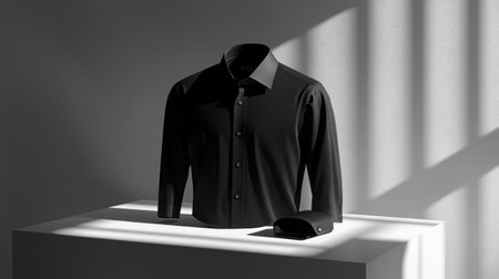 A stylish black dress shirt elegantly displayed on a minimalist surface, capturing the beauty of light and shadow in a contemporary setting. Ideal for fashion concepts.の素材