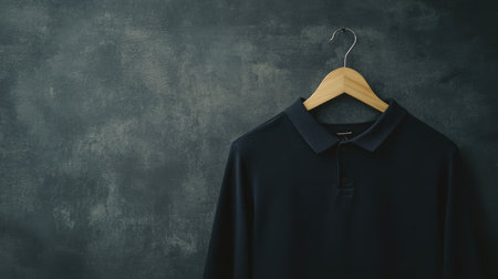 A classic black polo shirt hangs on a wooden hanger against a textured background. This simple yet elegant image captures the essence of casual fashion.の素材