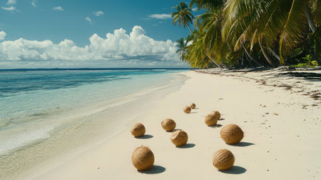 A serene beach scene featuring coconut shells scattered along a sandy shore, framed by lush palm trees and a bright blue sky, ideal for tropical getaway.の素材