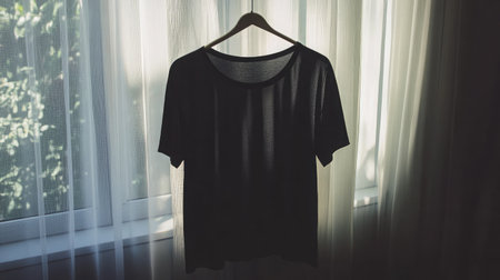 A soft black t-shirt elegantly hangs by a window, bathed in gentle sunlight and creating a stunning silhouette against the sheer curtains. Perfect for fashion displays.の素材