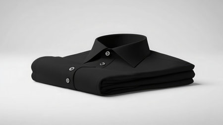 A neatly folded black dress shirt with a classic design, featuring a collar and buttons. Perfect for showcasing elegance and fashion in a minimalist setting.の素材