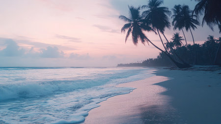 A beautiful sunset casts soft colors over a tranquil beach, with gentle waves lapping at the shore and palm trees swaying in the breeze, creating a serene tropical escape.の素材