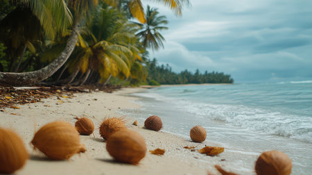 A serene tropical beach scene featuring coconuts scattered on the sandy shore. Lush palm trees sway gently in the background under a cloudy sky.の素材