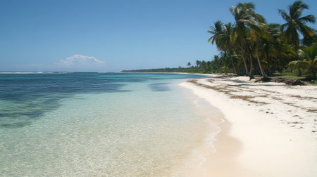 Experience the beauty of a serene tropical beach with clear blue water, soft white sand, and swaying palm trees, perfect for relaxation and escape.の素材