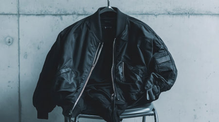 A stylish black bomber jacket hangs elegantly on a modern chair, showcasing its sleek design and contemporary appeal in a minimalistic setting. Perfect for fashion enthusiasts.の素材