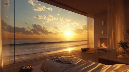 Experience a tranquil sunset over the ocean from a modern interior. This serene scene captures a peaceful ambiance perfect for relaxation and inspiration.の素材