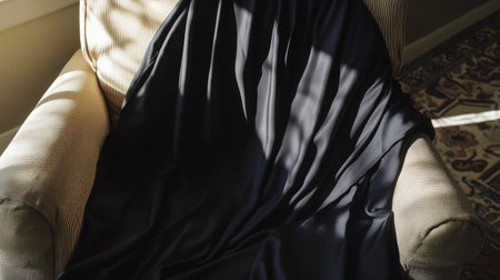 A soft black fabric elegantly drapes over a cozy chair, illuminated by warm sunlight. The interplay of light and shadow creates a serene ambiance in the inviting interior space.の素材