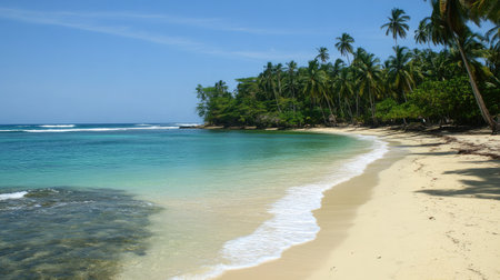 Serene tropical beach featuring clear turquoise waters and lush palm trees. A perfect getaway for peaceful relaxation and summer adventures in nature.の素材