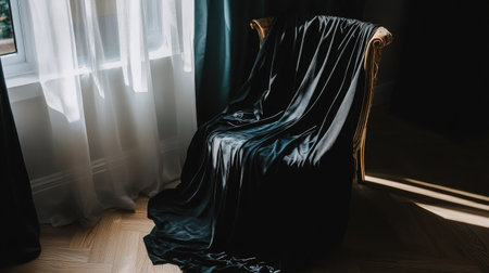 A light-filled room showcases an elegant black fabric draped over a chair, creating a serene atmosphere with soft shadows and modern aesthetic.の素材