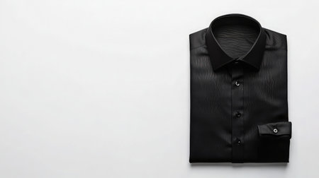 A sleek black shirt rests elegantly on a white background, showcasing its minimalist design and high-quality fabric. Ideal for fashion presentations and online stores.の素材