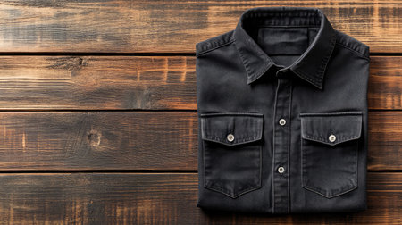 A neatly folded black shirt displayed on a rustic wooden background, ideal for showcasing apparel in fashion photography or retail presentations.の素材