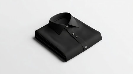 A neatly folded black shirt displayed on a clean white background. This image highlights the elegant design and quality fabric, suitable for various fashion contexts.の素材