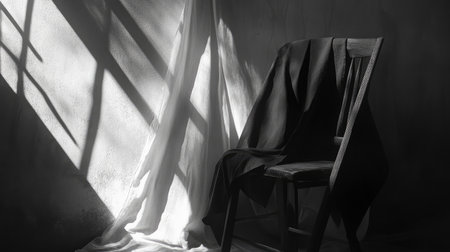 A minimalist black and white image depicting a chair draped in fabric, illuminated by soft light casting intriguing shadows. Ideal for artistic themes.の素材