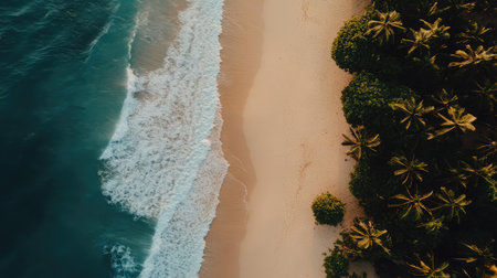 Enjoy a serene aerial view of a beautiful beach with gentle waves, soft sand, and lush palm trees, perfect for relaxation and vacation dreams.の素材