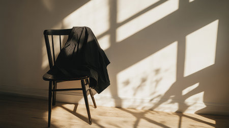 A simple wooden chair draped with fabric creates a tranquil atmosphere. Sunlight casts beautiful shadows on the wall, enhancing the serene interior.の素材