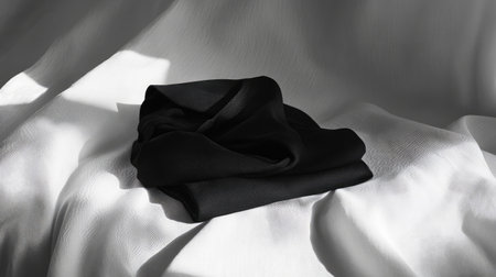 A minimalistic composition featuring a black fabric elegantly draped on a soft white surface, creating a stunning contrast of textures and colors. Perfect for artistic and fashion-inspired themes.の素材