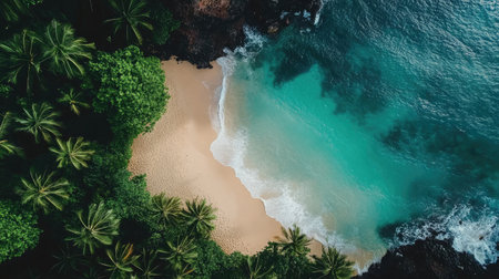 An aerial view of a secluded tropical beach featuring soft sand, lush greenery, and clear blue waters. Perfect for portraying relaxation and serenity.の素材