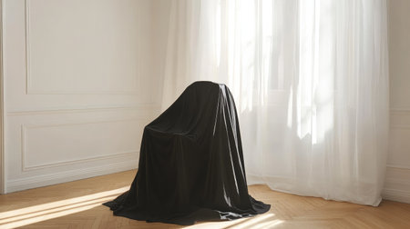 A serene interior scene featuring a black-draped chair bathed in soft sunlight, highlighting the minimalist aesthetic of the space. The peaceful atmosphere invites reflection.の素材
