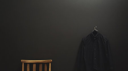 A minimalist scene featuring a black shirt on a hanger next to a wooden chair against a dark wall. Ideal for themes of simplicity and modern design.の素材