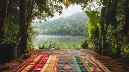 A serene view of a tranquil lake framed by lush greenery. The cozy outdoor space features a colorful rug, inviting relaxation and connection with nature.の素材