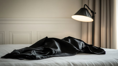 A stylish black fabric elegantly draped on a bed, with a modern lamp casting soft light, creating a serene and minimalistic bedroom atmosphere.の素材