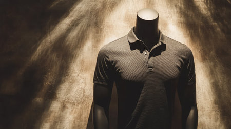 A stylish polo shirt displayed on a mannequin under dramatic lighting, emphasizing its elegant design and contemporary fashion appeal in a retail setting.の素材