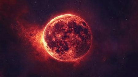 A stunning red moon set against a cosmic background, creating an ethereal and mesmerizing visual experience. Ideal for astronomy and fantasy themes.の素材