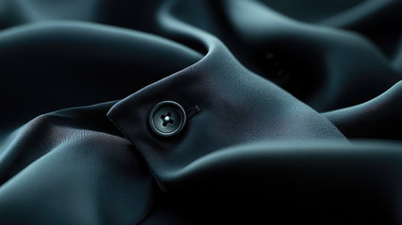 Close-up of smooth black fabric featuring a button detail, highlighting the texture and elegance of the material. Ideal for fashion and design themes.の素材