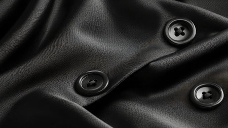 Close-up view of elegant black fabric featuring detailed buttons. The smooth texture and sophisticated design add a touch of luxury and style to any garment.の素材