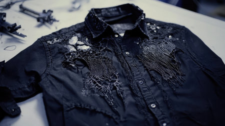 A close-up view of a distressed black shirt showcasing unique design elements. The fabric features intricate details and textures, perfect for fashion enthusiasts.の素材