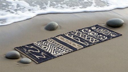 A beautifully patterned rug rests on a sandy beach, surrounded by smooth stones, offering a blend of nature and art. Ideal for beachside dの素材