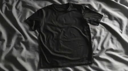 A plain black t-shirt displayed on a soft fabric surface. Perfect for minimalist fashion mockups, showcasing casual apparel in a clean style.の素材