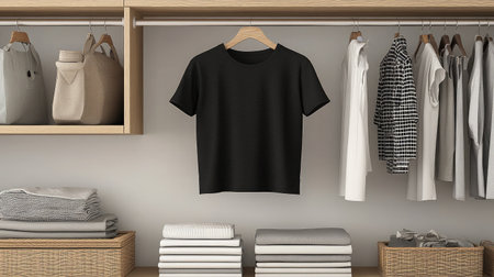 A sleek and organized closet featuring a black T-shirt, neatly arranged clothes, and baskets for storage, embodying minimalist design and modern aesthetics.の素材