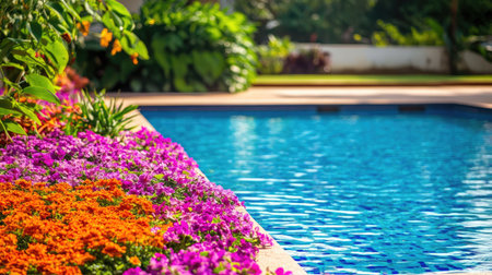 This image captures a vibrant garden with colorful flowers beside a clear swimming pool, creating a serene and inviting outdoor atmosphere perfect for relaxation.の素材